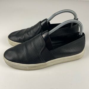 Vince | Leather Perforated Laser Cut Black Slip On Casual Boat Shoe Size 7
